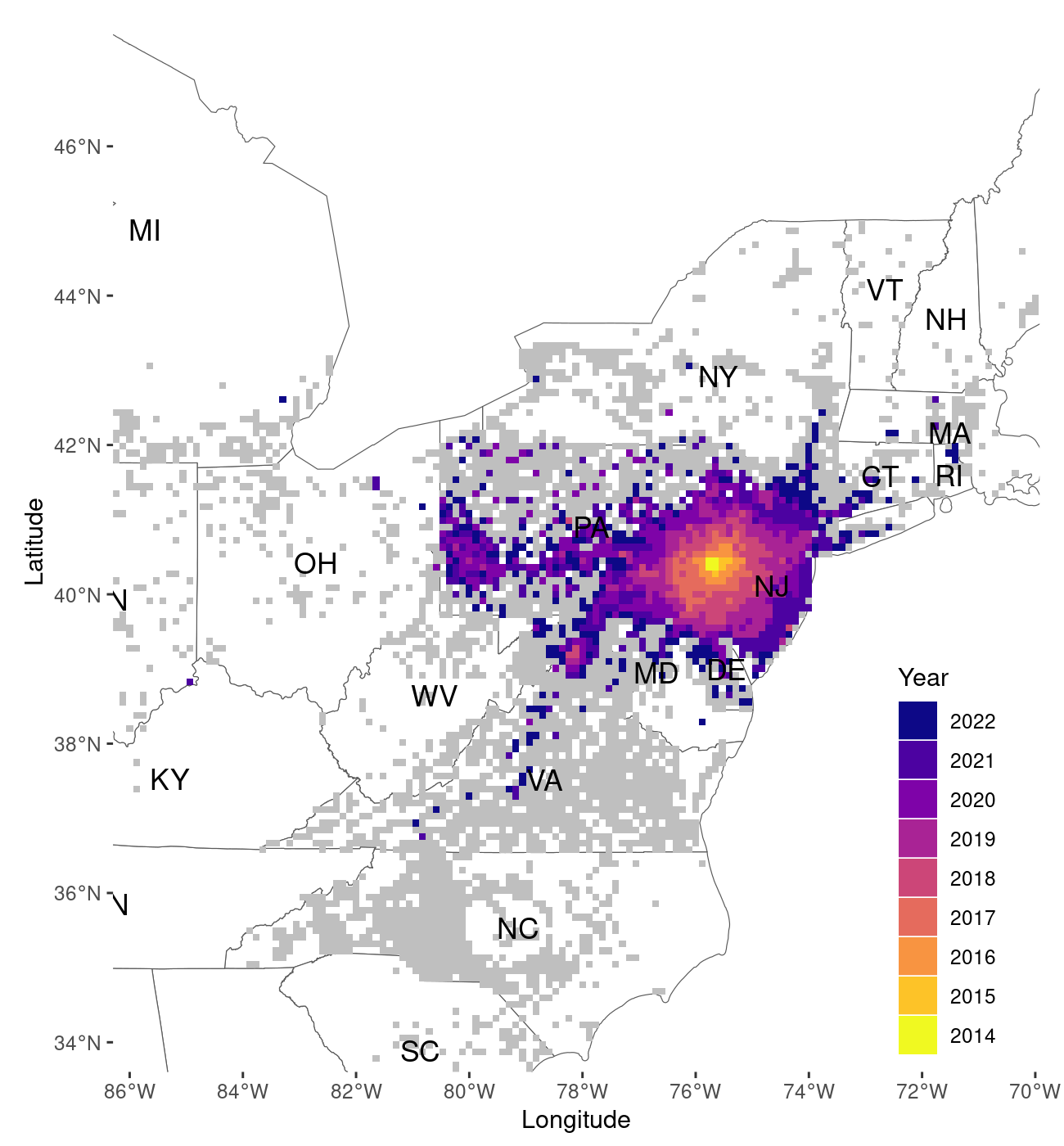 Output of the `map_spread()` function, plotted at the 10km resolution