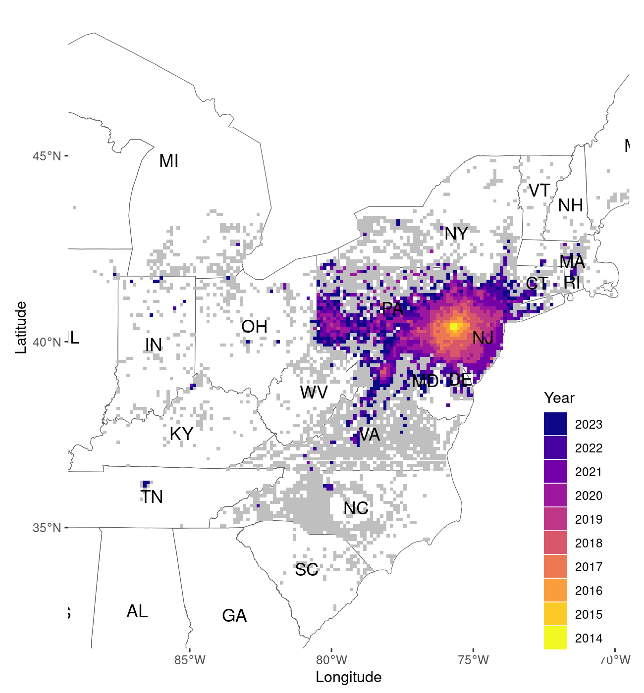 Output of the `map_spread()` function, plotted at the 10km resolution