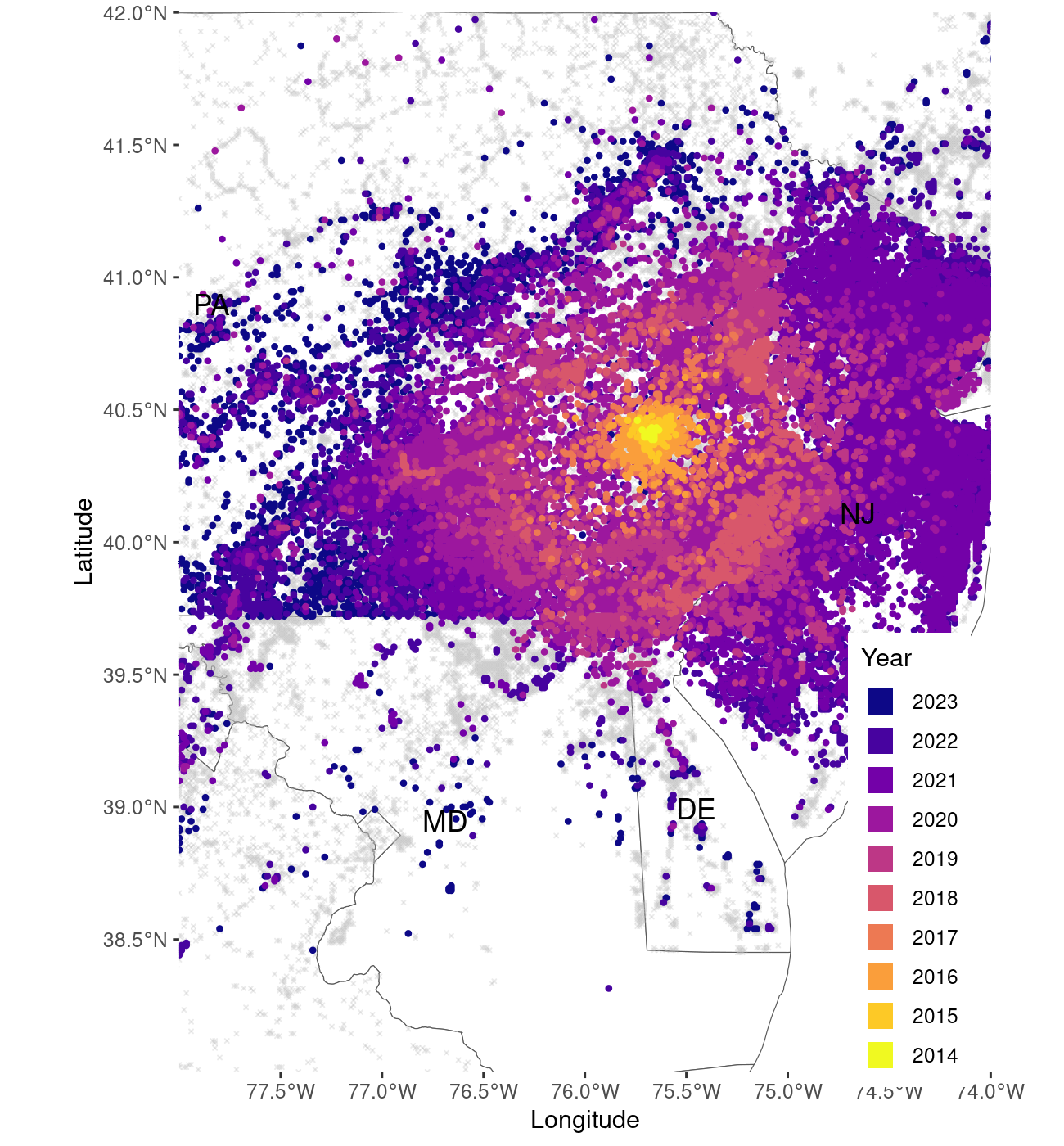 Zoomed area, focusing on the core of the invasion range